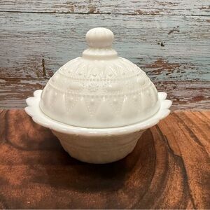 Vintage Kemple Milk Glass covered dish "Lace and Dewdrop" Pattern candy dish